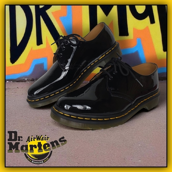 Dr. Martens Shoes - Dr. Martens Black Patent Leather 3-Eye Shoe with Yellow Stitching